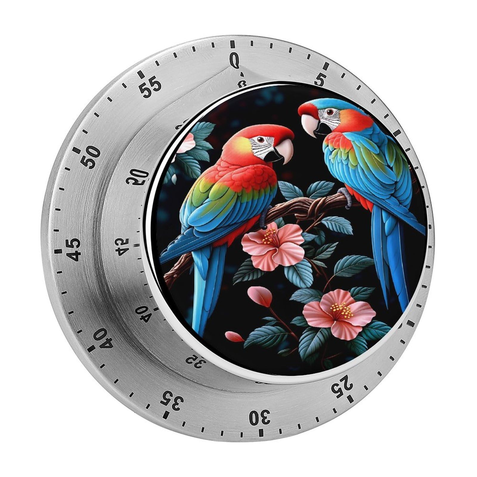 Colorful Macaws Tropical Flowers 60 Minute Wind Up Timer,Visual Mechanical Magnetic Timer with Loud Alarm for Kitchen