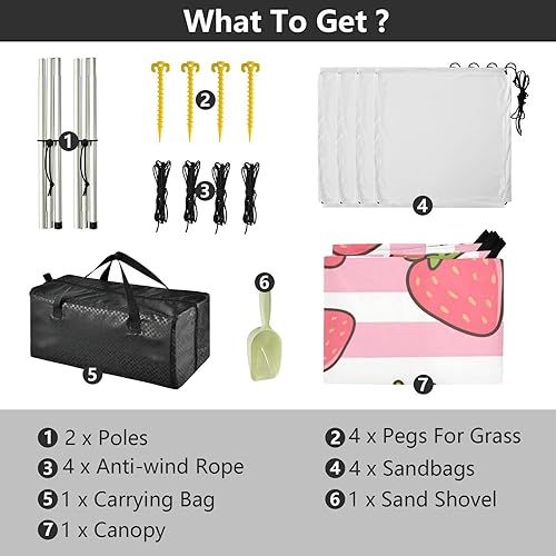 Miniatura 4 de Toldo plegable UPF50 con diseño de fresas a rayas rosadas y blancas, parasol resistente al agua con sacos de arena y pala para camping, picnic,