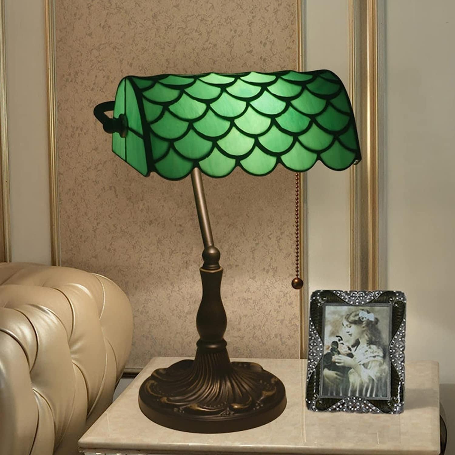 Bankiers Tischlampe, farbige Glaslampe, Kristallperlenschreibtischlampe, Schlafzimmer in der Nacht Leselampe (EIN grüner Schatten von Waagen) Innovate