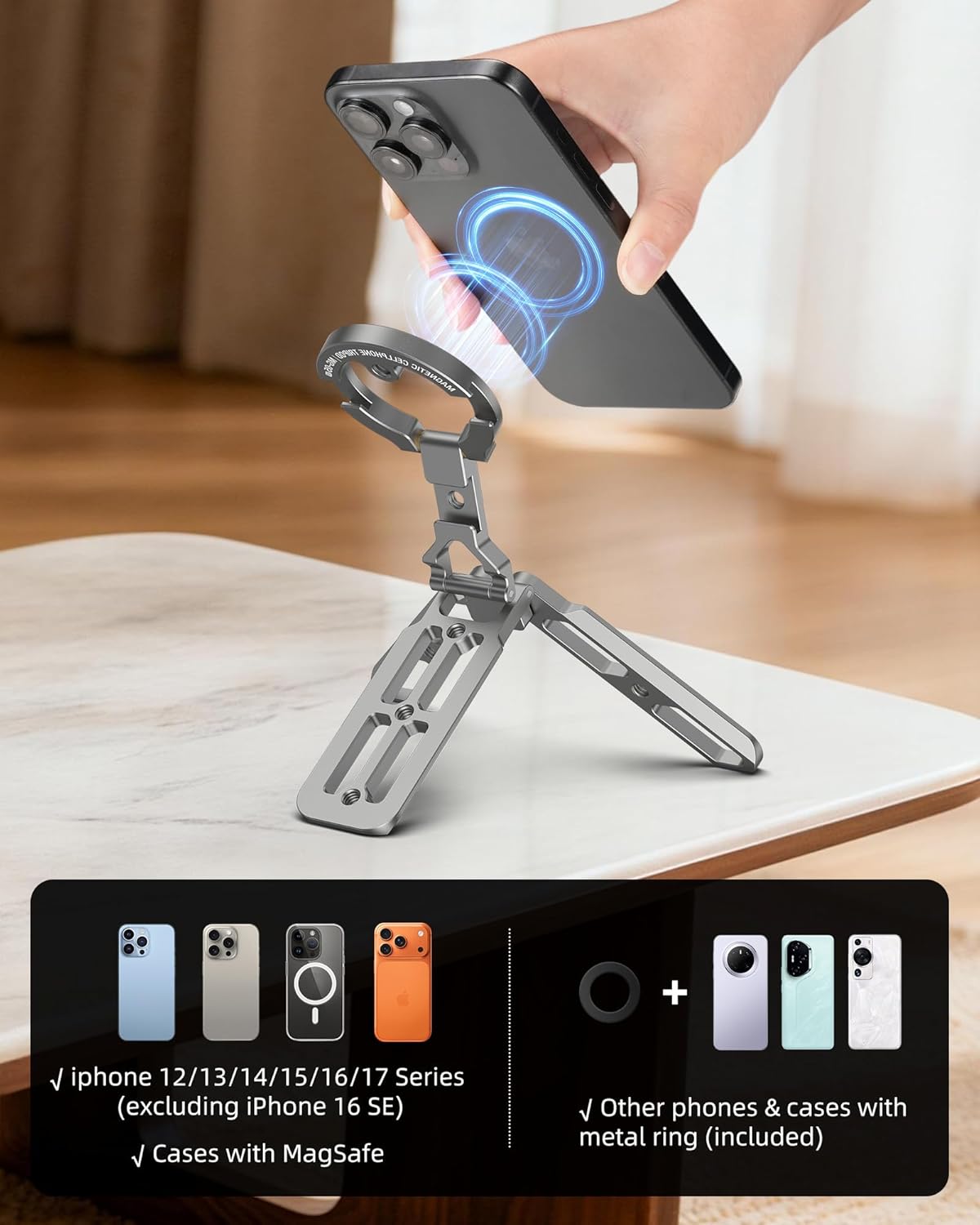 Magnetic Phone Tripod Holder Mount Stand with Cold Shoe, MG-05 Gen2 Mini Pocket Cell Phone Stand, Compatible with MagSafe for iPhone 17 16 15 14 13 12
