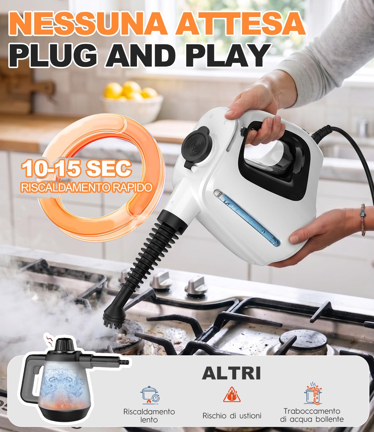 Pulitore a Vapore Portatile 1350W - Riscaldamento 15S, 3Bar, Steam Cleaner con 10 Accessori, Cavo da 3M, Serbatoio 550ML, Vapore a 16 Minuti, Ideale per Tappezzerie, Cucina e Auto