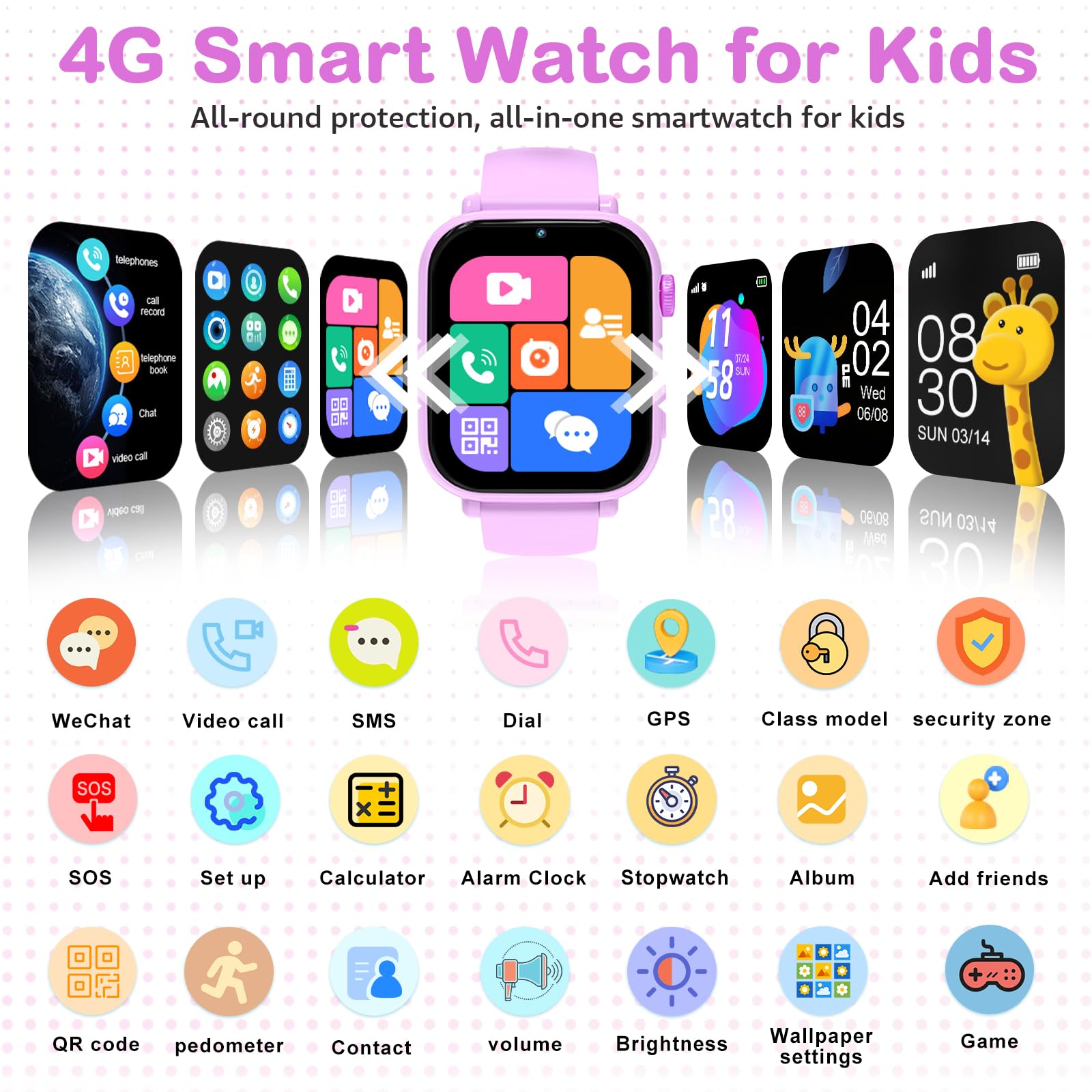 Ucani 4G Orologio Smartwatch Bambini, Orologio Intelligente con GPS, SOS, Telefono/Chat/Videochiamata, Modalità Scuola, Contapassi, Sveglia, Gioco Smart Watch Ragazza Ragazzo 4-12 Anni Regalo, Viola