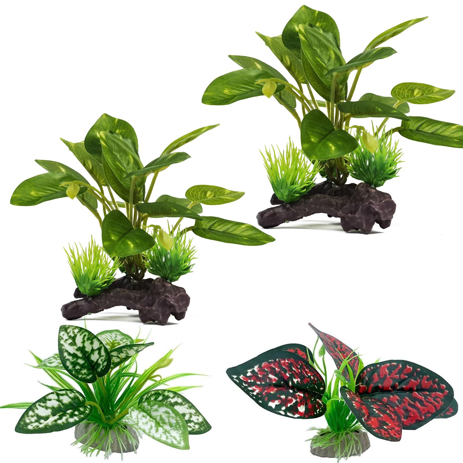 Moonorange Reptile Artificial Plants, Terrarium Plants Decorations Supplies, Aquarium Fish Tank Plant, Amphibian Habitat Hideout Tank Accessories(M Set-4pcs/E)