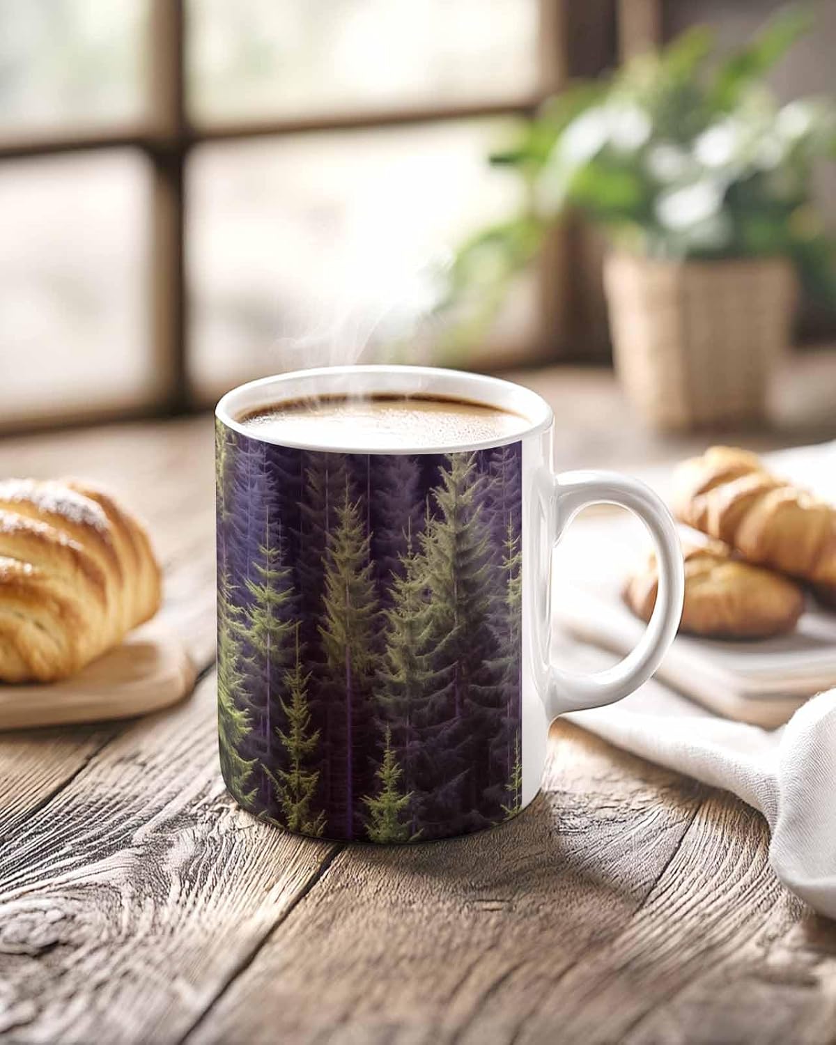 BEMIGO Ceramic Coffee Mug Pine Trees Fall Ceramic Mug White Cup, Green Purple Forests Insulated Coffee Cup with Handle with Pattern Perfect for Tea and Hot Beverages, 12oz