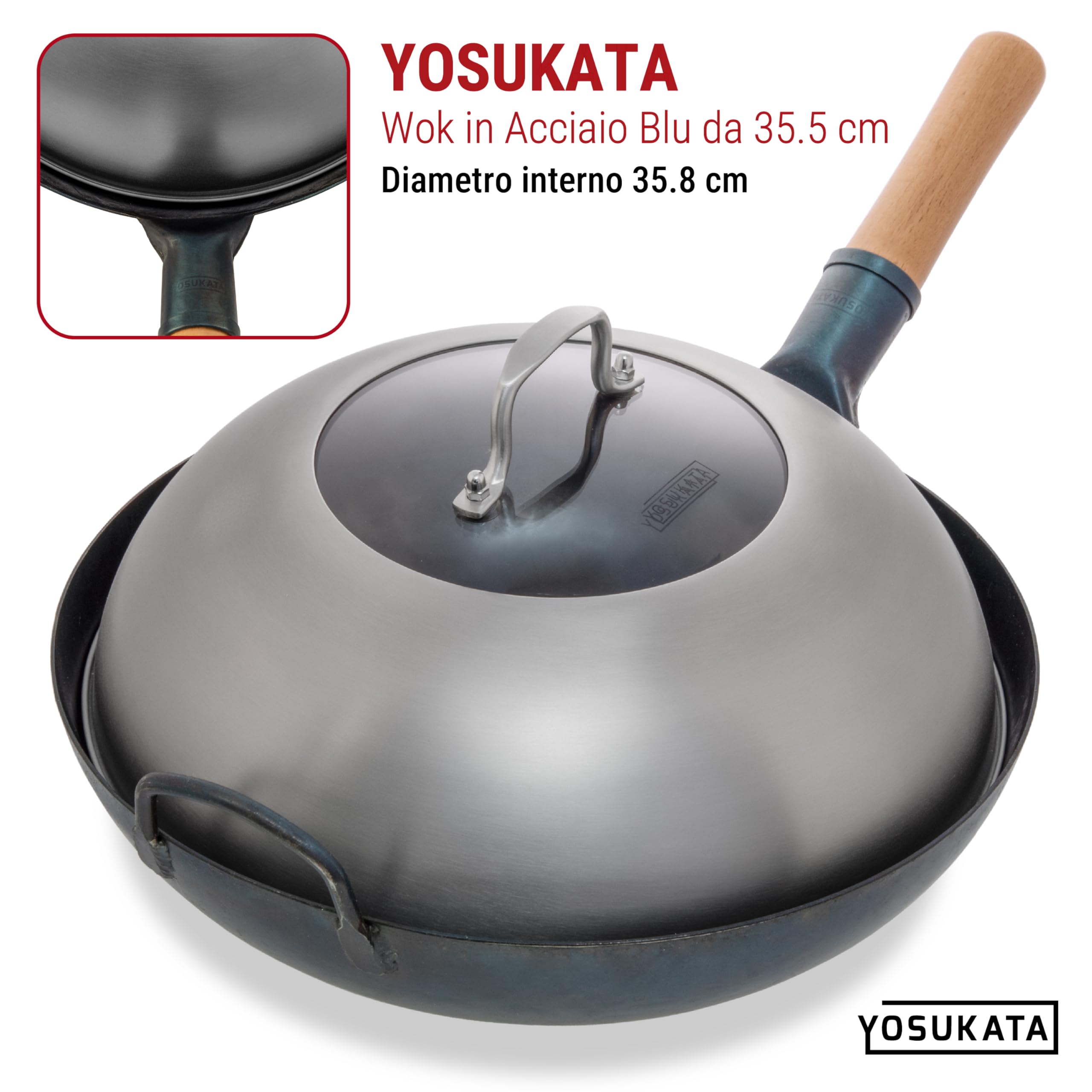 YOSUKATA Coperchio Wok 34,5 cm - Coperchio Universale Acciaio Inox con Vetro Temperato e Fori per Vapore per Wok 36 cm - Lavastoviglie - Dome per Fusione Formaggio e Griglia - Cloche per Hamburger