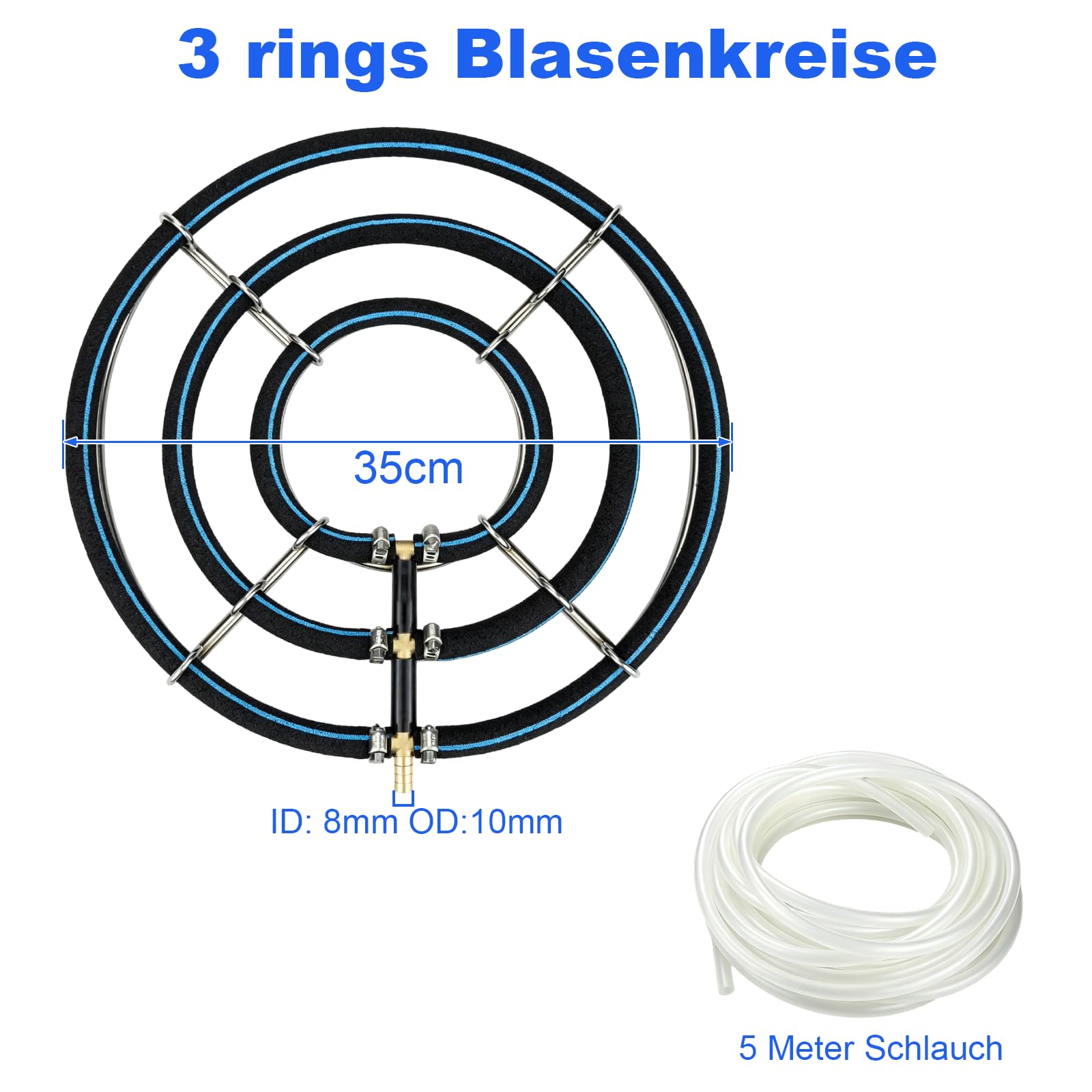 Teichbelüfterring, Sauerstoff Diffusor mit 2-Fach Ring, Rohrdurchmesser 8 mm Nano-Luftblasen Belüfter für Koi Teiche, Aquarien und Fischbecken, with Schlauch 5 mSilikonschlauch (35CM)