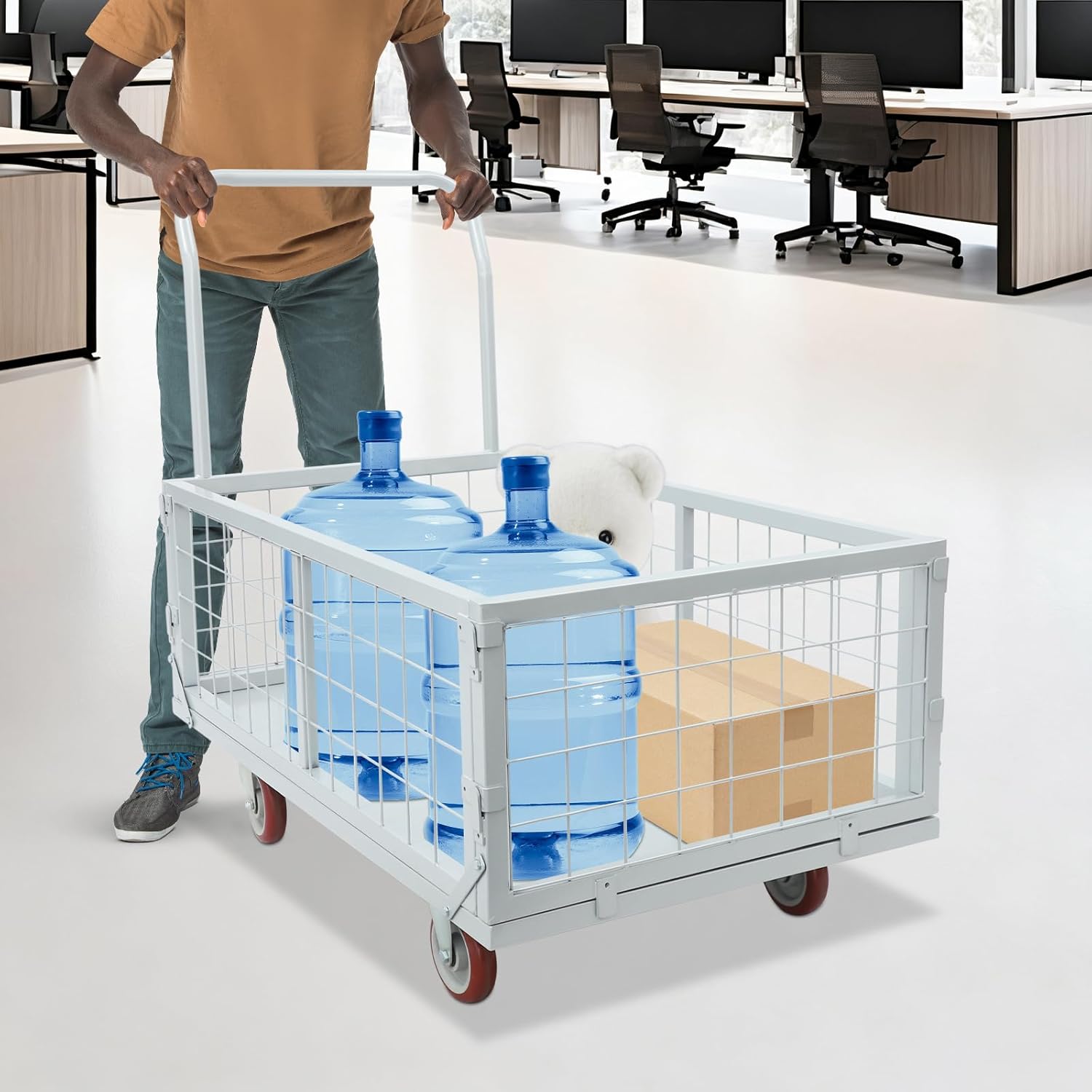 Platform Truck Cart with Cage, 4-in-1 Multi-Functional Platform Roller Trolley Cart with 4 Wheels, 2200 Lbs Capacity Heavy Duty Warehouses Hand Truck, Rolling Storage Trolley for Factory, Garage