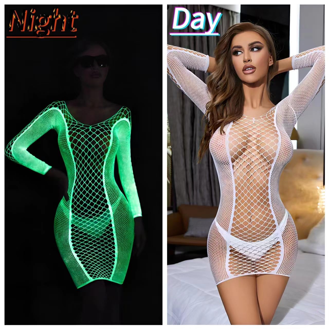 DTWAWA Glow in the Dark Sexy White Fishnet Stockings, Stylish Bodysuit Leggings for Womens Party: B Bodysuit White