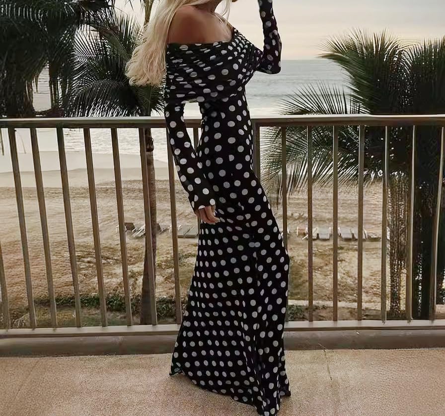 Polka Dot Maxi Dress for Women Long Sleeve Off The Shoulder Maxi Dresses Sexy Mesh Party Dress Going Out - Image 6