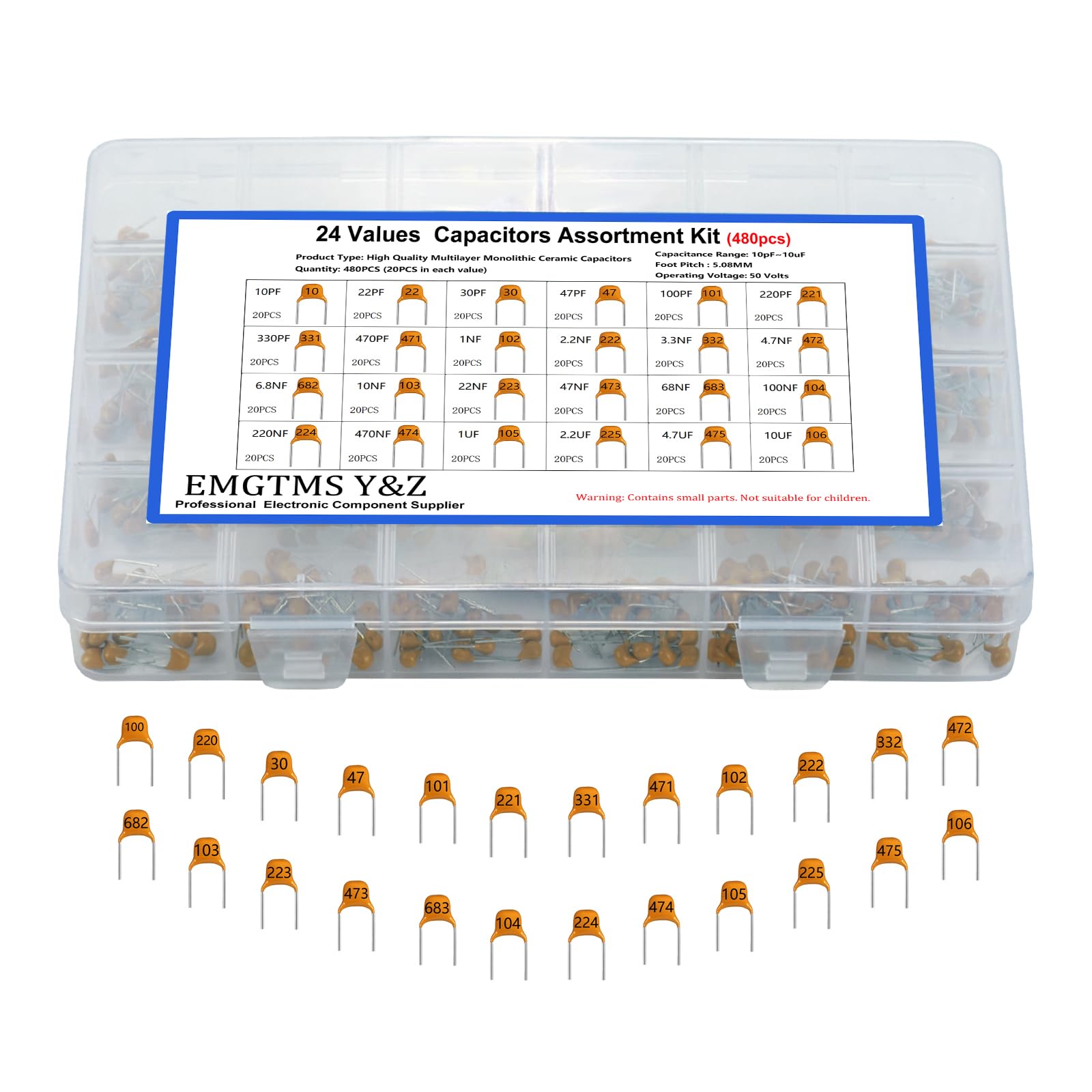 24 Values 480pcs Multilayer Monolithic Ceramic Capacitor Assortment Kit, 10pF-10uF Capacitor Set with Storage Box for Electronics Projects