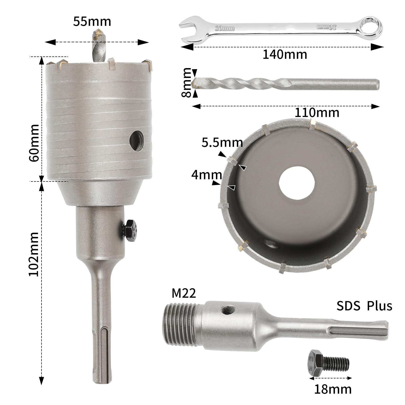 SUQIN Concrete Hole Saw diameter 55mm Concrete Core Drill Bit With 110mm SDS Plus Adapter And Center Drill 8x110mm,Wall Hole Cutter For Brick Concrete Walls Air Conditioning Openings - Image 2