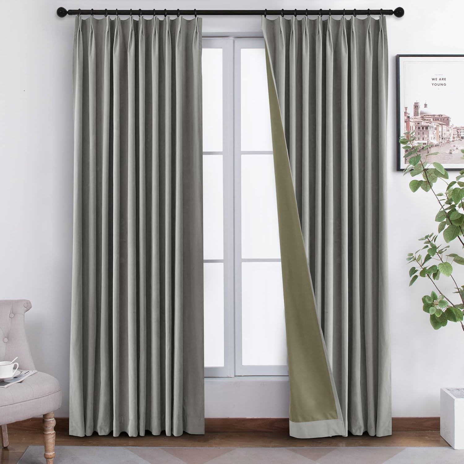 Macochico Full Blackout Velvet Curtains Full Light Blocking Drapes for Bedroom Living Room Nursery Pinch Pleated Thermal Window Treatments with Tieback Grey 84”Wx96”L 1 Panel