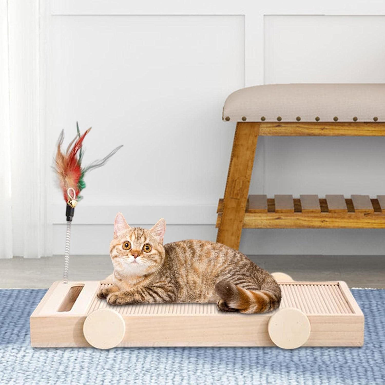 review Cat Scratching Board Pad with Ball 3 in 1 Wooden Teaser Cats Scratcher, Cat Exercise Toys Claw Grinding Pad, Kitty Toy for Indoor, 40cmx20cm