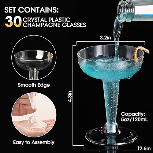 Miniatura 7 de Vasos de Margarita de plástico desechables de acrílico, paquete de 30 copas de champán de plástico, copas de champán de 5 onzas, vasos de mimosa