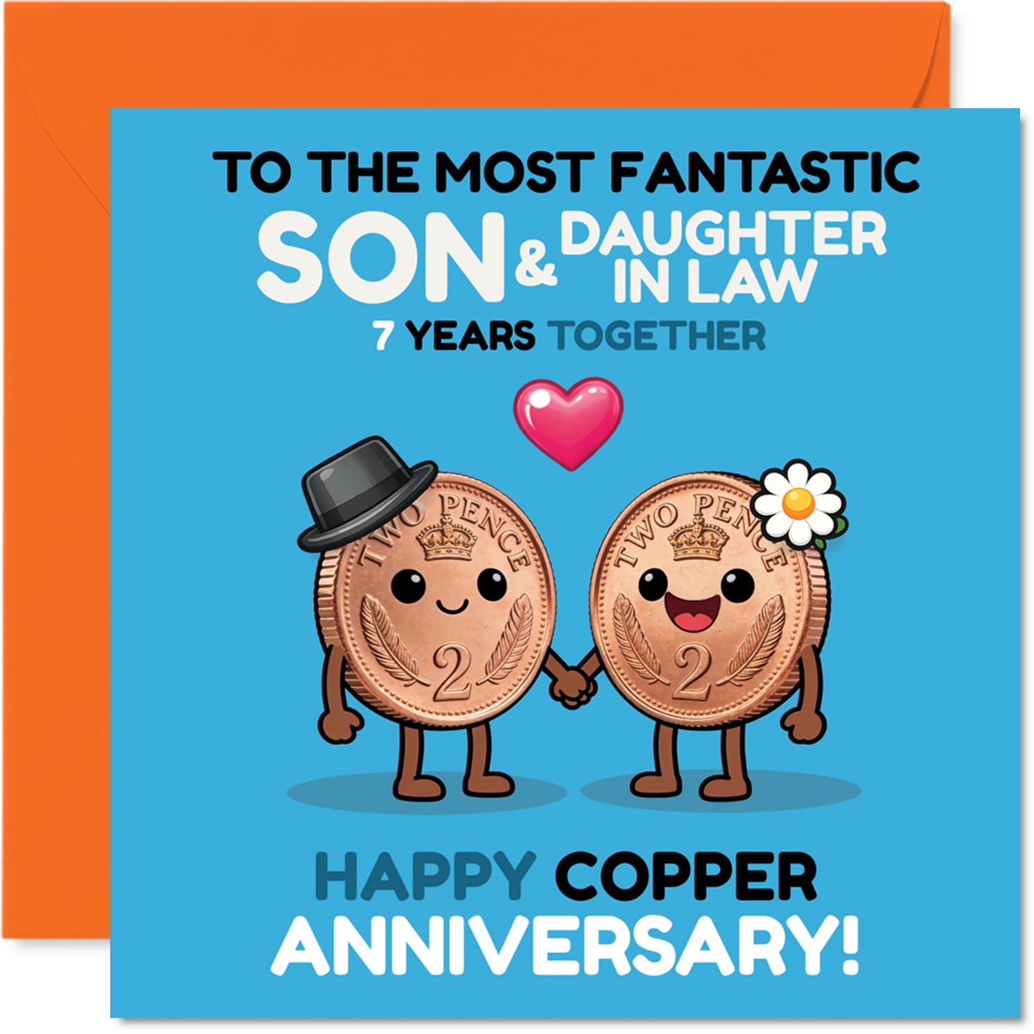 Playful 7th Anniversary Card for Son & Daughter in Law - Celebrate Seven Years of Wedded Bliss - Cartoon Copper Coins Couple Design - 145mm Square, Envelope Included