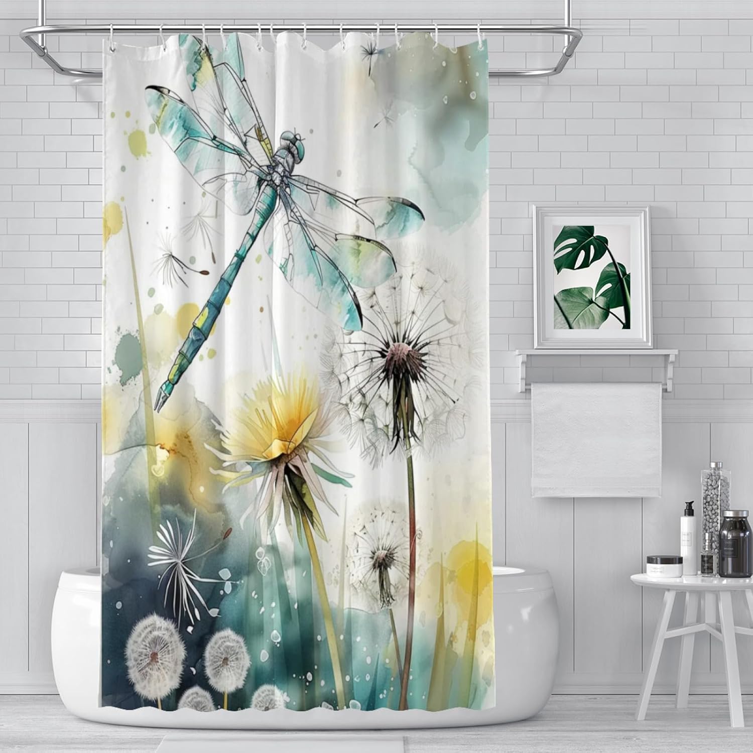 Dragonfly Dandelion Watercolor Shower Curtain for Bathroom, Washable Fabric Bathroom Decor Aesthetics Waterproof Curtains with 12pcs Hooks 72 x 72 inch