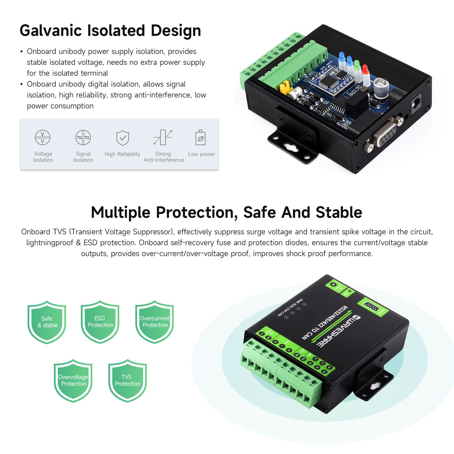 Waveshare RS232/485/422 to Can Industrial Isolated Converter, Supports Modbus RTU Conversion, Multiple Protection Circuits