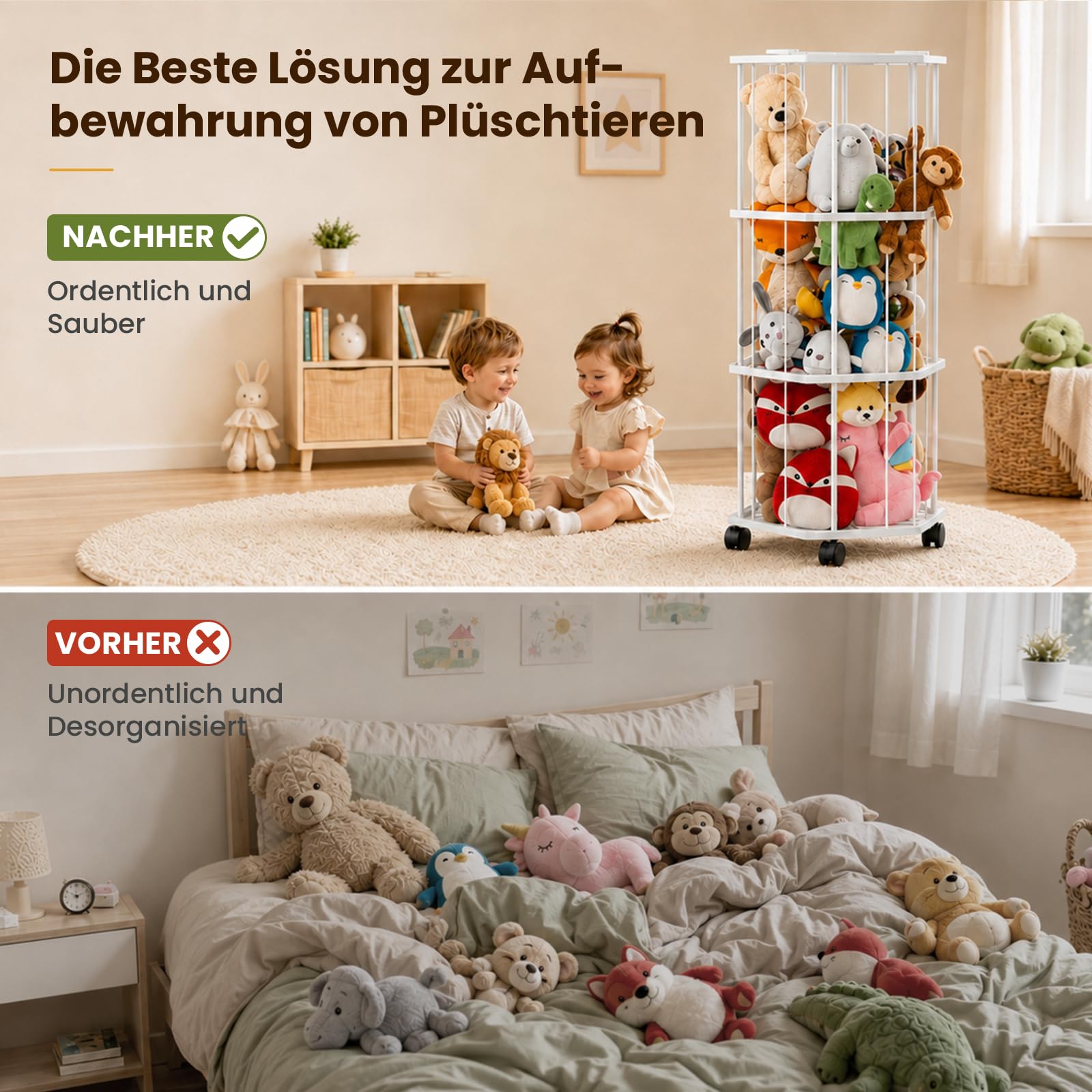 Stahll Groß Kuscheltier Aufbewahrung 145 cm mit 360° Bremsrädern | Stofftier Aufbewahrung mit Elastische Schnuren, Platzeinsparung 3-Schicht Aufbewahrung Kuscheltiere für Kinderzimmer Playroom