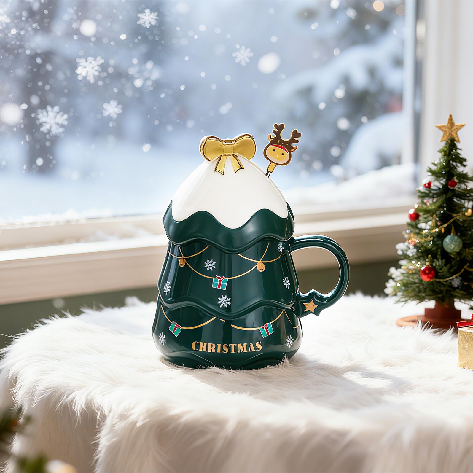 Angoily Taza de Cerámica Navideña Tapa y Cuchara Taza de Café Verde Diseño Árbol de Navidad 1 Pieza para Leche Jugo y Bebida Caliente en Hogar y Oficina
