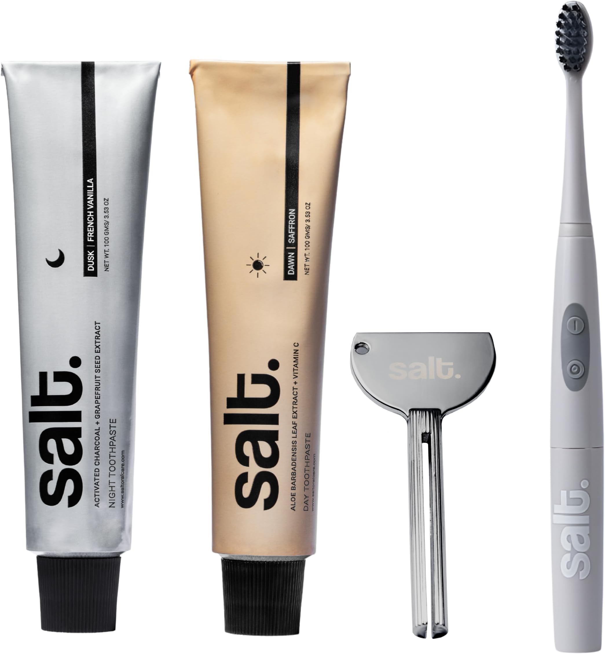 Salt Oral Care Dawn Day & Dusk Night Toothpaste Duo with Squeezer Key + Magna Warm Grey Sonic Electric Toothbrush | Nano Hydroxyapatite Toothpaste | Complete Day & Night Oral Care Kit for Men & Women