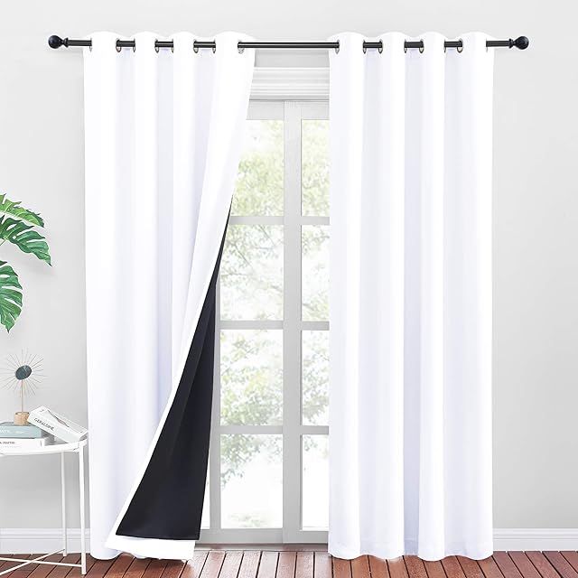 PONY DANCE White Blackout Curtains - Eyelet Full Blackout Curtains with Black Liner for Thermal Insulated & Privacy Protected Door Curtain Drapes for Living Room, 1 Pair, 52 inch by 84 inch, White