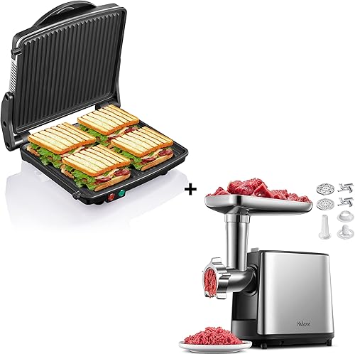 Yabano Paquete de parrilla de prensa Panini y picadora de carne eléctrica