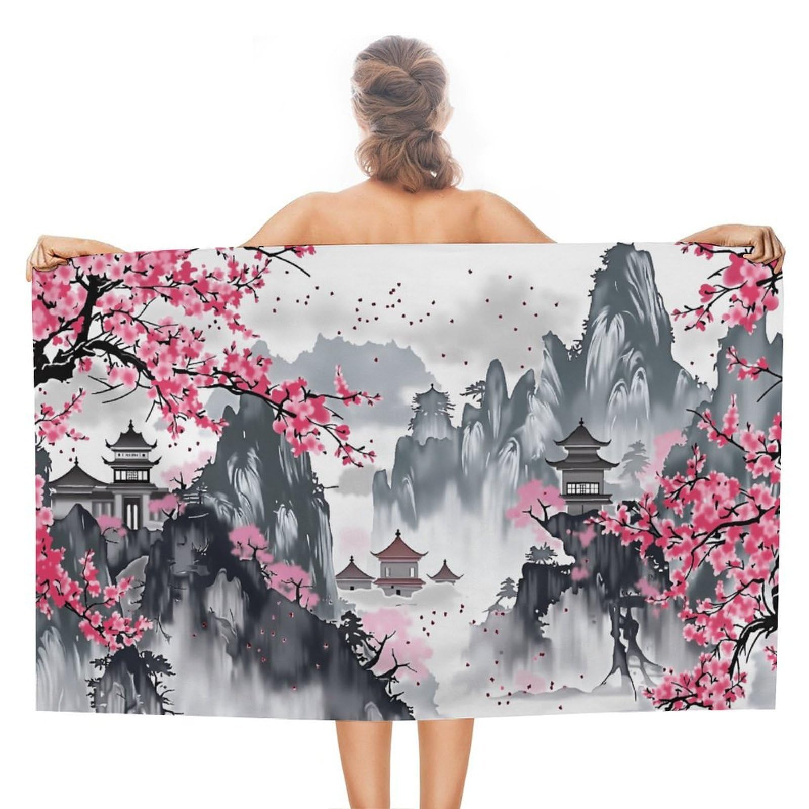 Anceky Oriental Landscape Beach Towel Microfiber Soft Absorbent Oversized Large Bath Towel Blanket Thin Quick Dry for Adults Swimming Pool Yoga Gym Travel 51"X31"