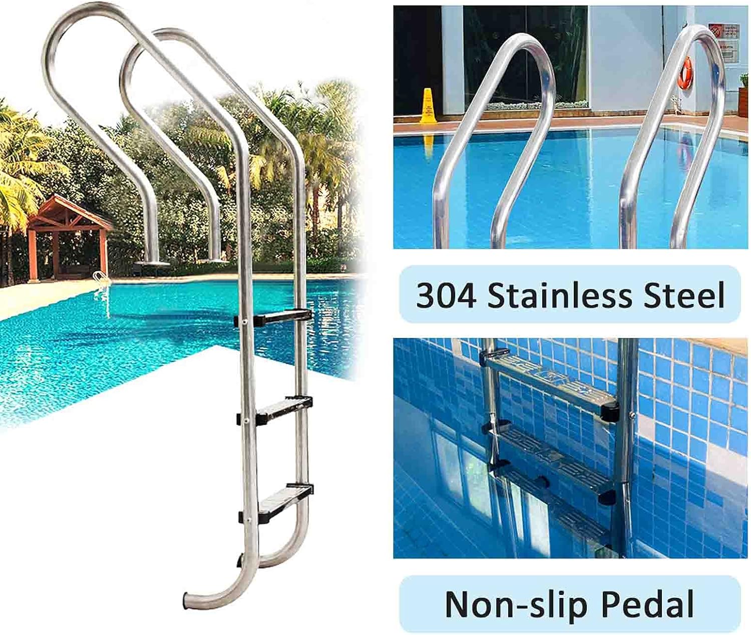 BABYCE Swimming Pool Handrail Pool Ladder, 3 Step Stainless Steel Pool Pedal with Non-Slip Mat, Swimming Pool Steps Ladder for Indoor and Outdoor