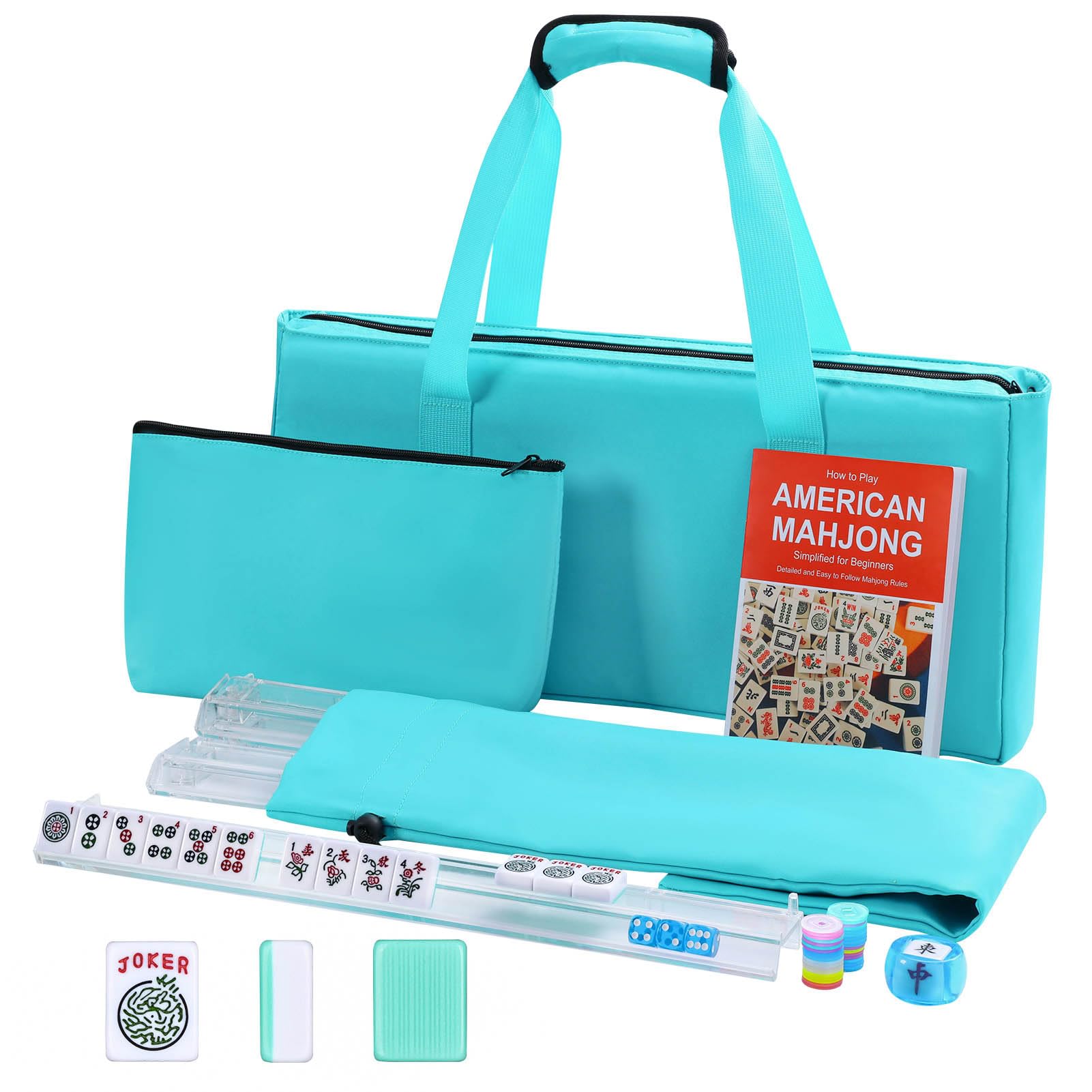 GUSTARIA American Mahjong Game Set, 166 Light Green Tiles, 4 All-in-One Transparent Racks/Pushers, Complete Mahjong Tile Set, Light Blue Carrying Bag