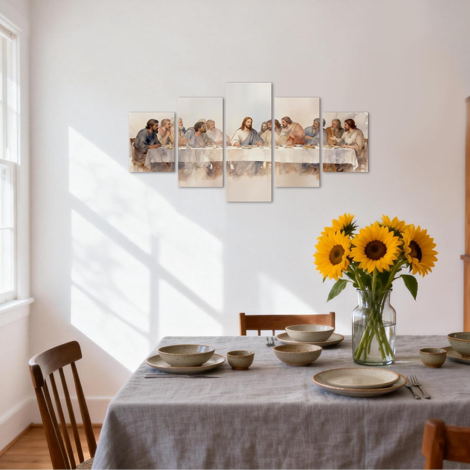 5 Pieces the Last Supper Wall Art Framed Canvas Religious Decor Christian Wall Art Leonardo Da Vinci Jesus Painting Christian Canvas Jesus Decor Last supper Picture for Dining Room (60''W x 32''H)