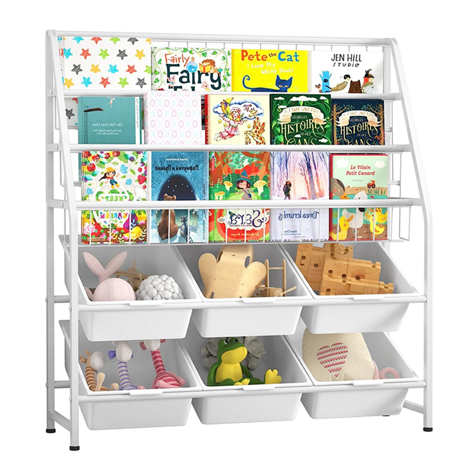 TAME Kids Bookshelf With 6 Storage Box,5 Tier Metal Kids Bookcases Children's Toy Storage Rack, 6 Storage Drawer for Books Toys storage, Book Unit Storage Shelf for Playroom, Bedroom