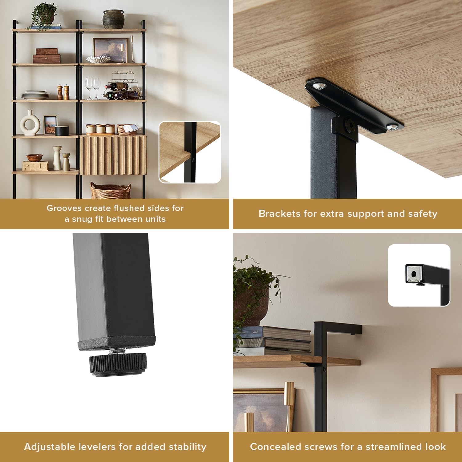 mopio Norwin 4 Piece Entertainment Center with Storage, 70" TV Stand, Industrial Modern Television Accent Cabinet, Oak Wood Media Console Table with 5-Tier Shelf Bookcase (5-Tier Cabinet Set)