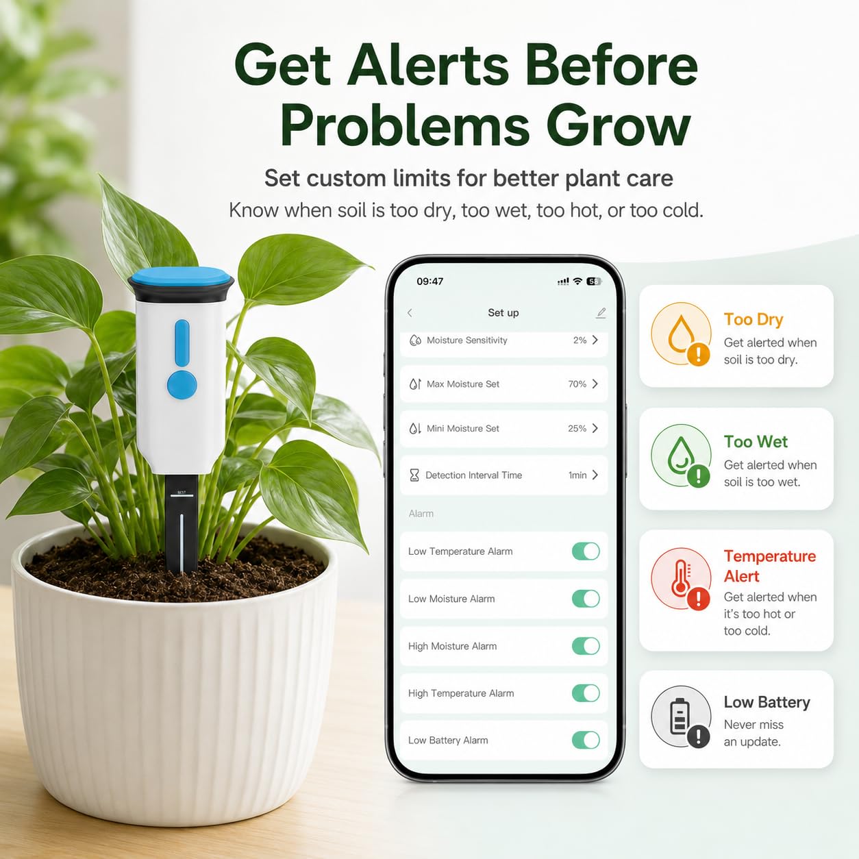Sensore di umidità del suolo Wi-Fi con temperatura del suolo, Smart Life App Monitor per piante da appartamento, 2,4 GHz senza hub, allarme in caso di terreno troppo secco o bagnato, cronologia