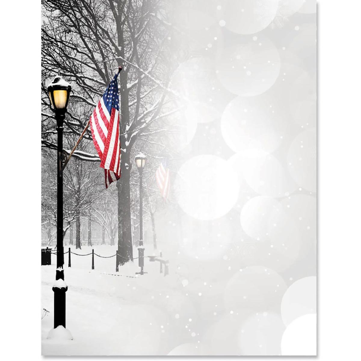 PaperDirect Winter Park Patriot Border Paper, Snowy Park Scene with American Flag and Falling Snow Design, 8.5 x 11, Acid-Free, Ideal for Holiday