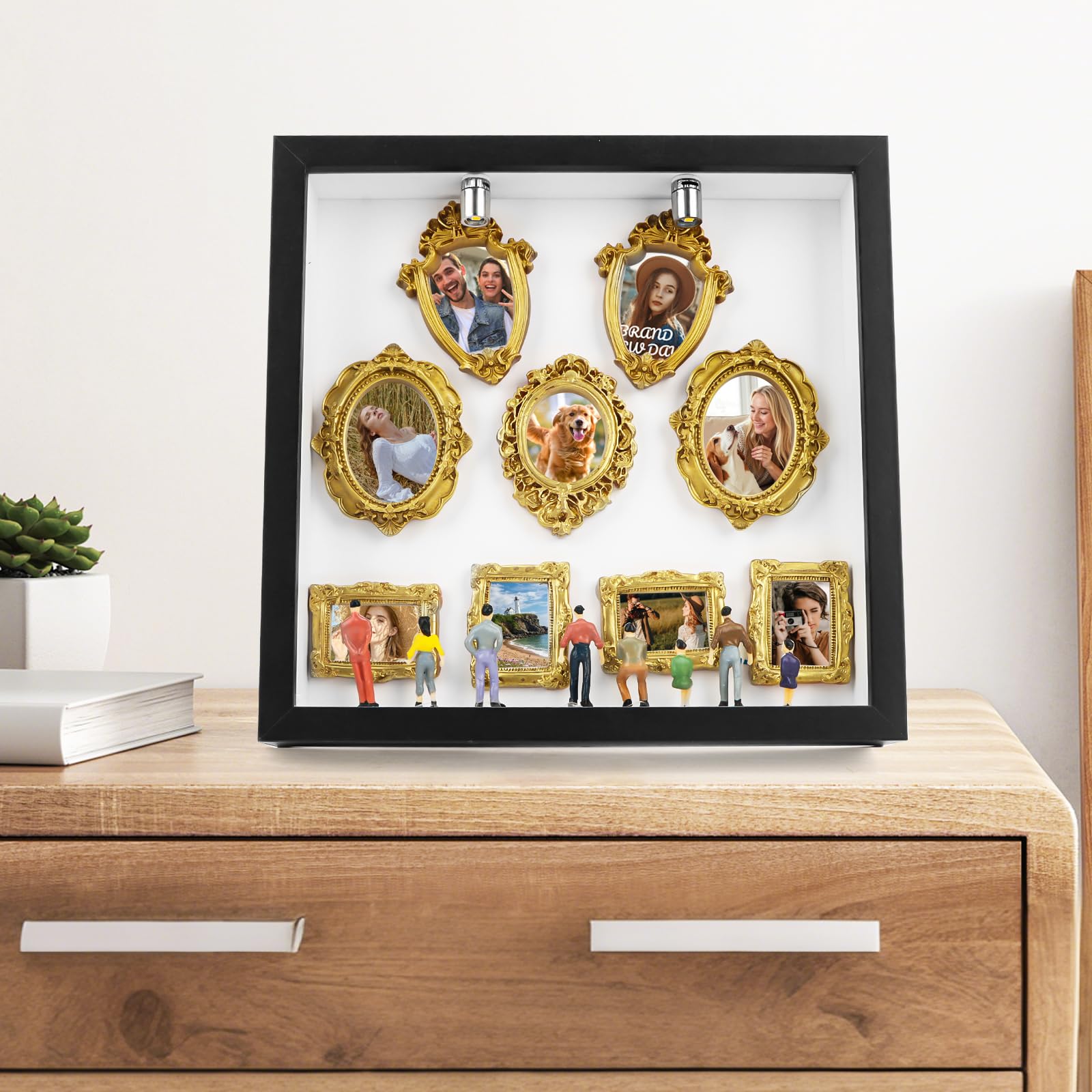 Mini boîte de silhouette de musée DIY avec 8 mini cadres dorés et 8 figurines aléatoires, cadre photo créatif avec lumière LED pour anniversaire, mariage, décoration de la maison