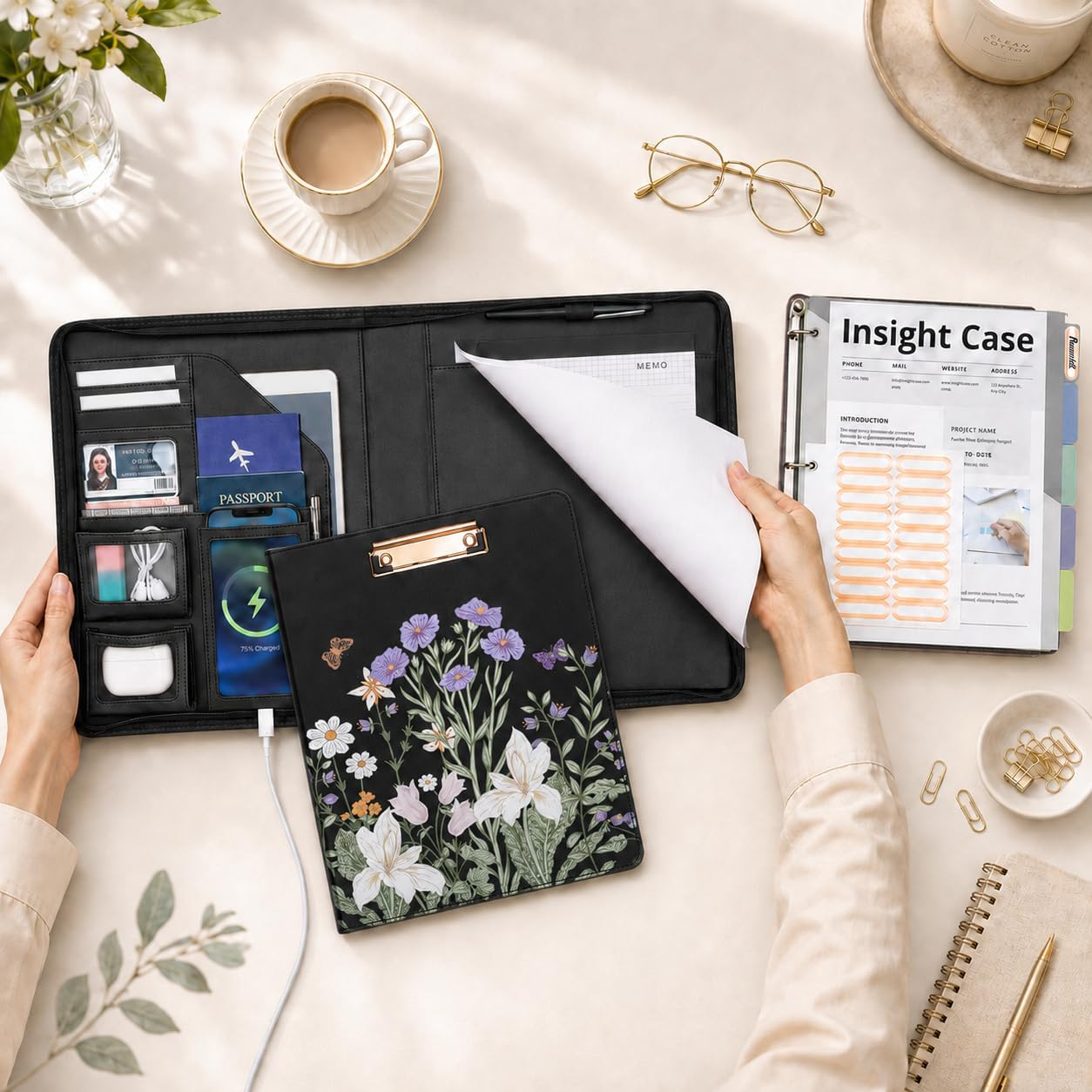Clipboard with Storage for Men Women, Leather Padfolio Portfolio with Zipper, 1 Inch 3 Ring Binder 5 Dividers, Notepad for Letter Size, Elastic Closure and Pen Loop, Card Slot Black Flower image 2