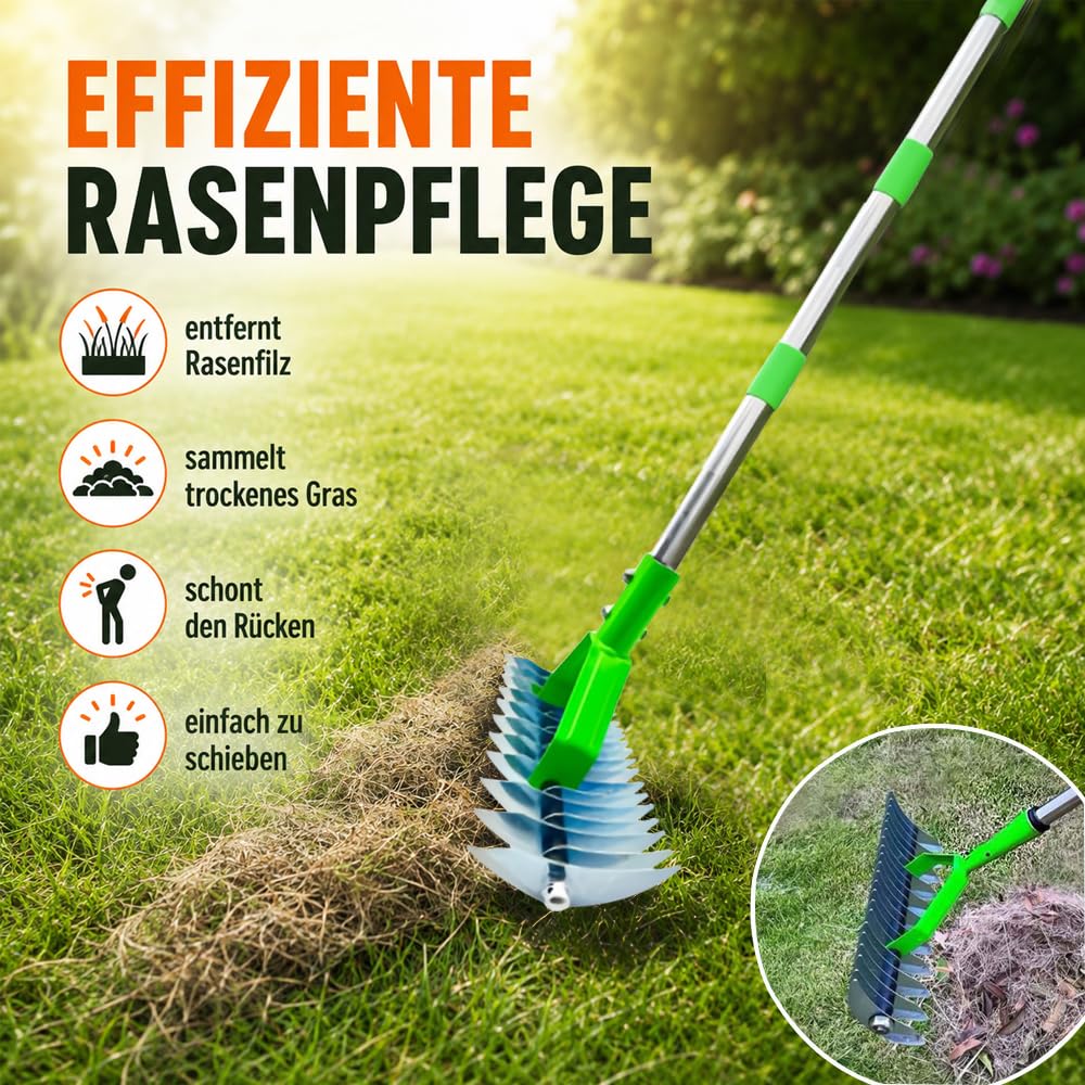Rastrillo Escarificador para Césped con 163 cm Mango Telescópico,con Bolsa para residuos de jardín,Rastrillo Dethatcher Heavy Duty para Eliminar Hierba Muerta,Aflojar el Suelo (Verde, 163cm)