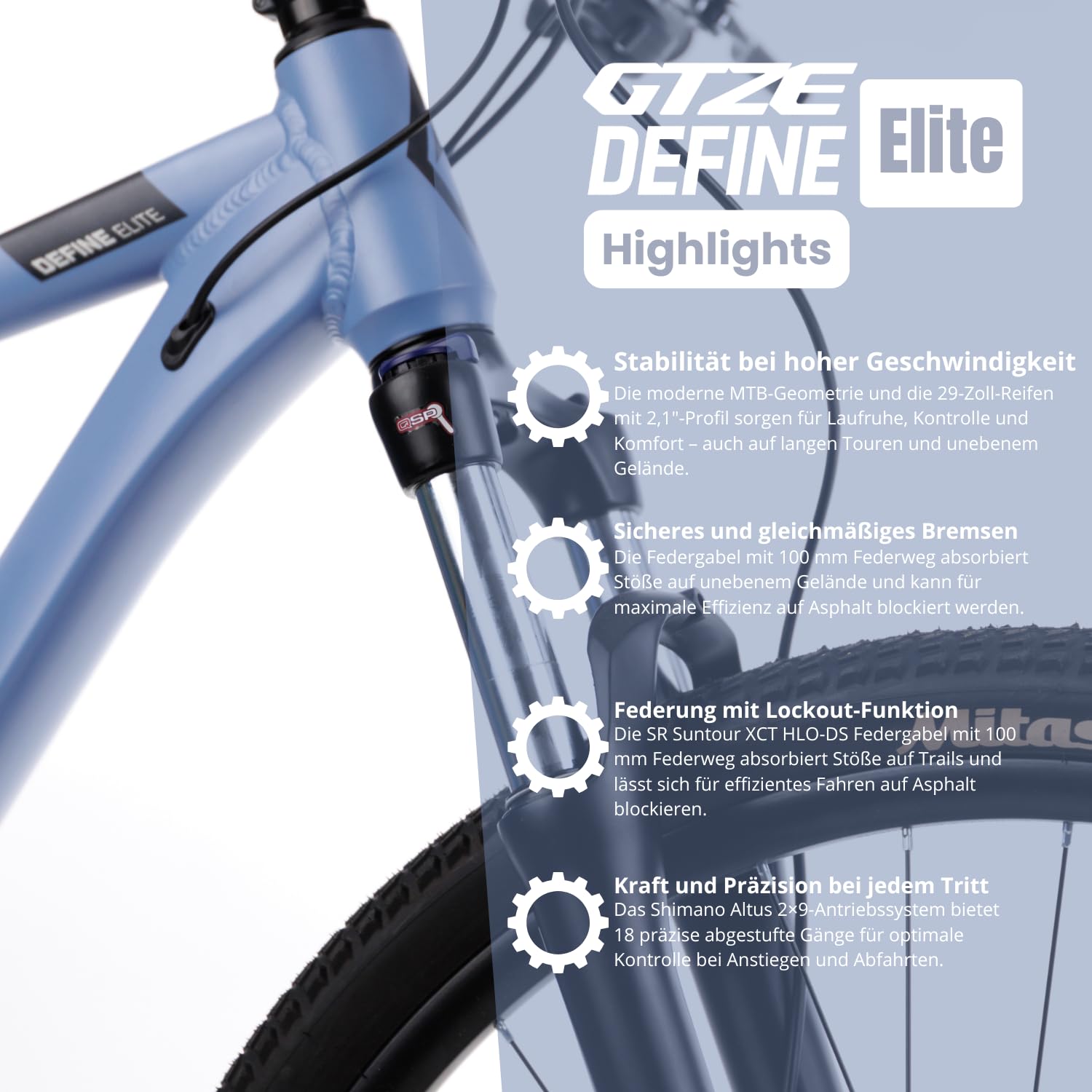 Goetze Define Elite 29 Zoll Mountainbike | Aluminiumrahmen 17/19 / 21 Zoll | Federgabel mit Lockout | 18-Gang Shimano Altus Schaltung | Hydraulische Shimano MT200 Scheibenbremsen | Hardtail MTB