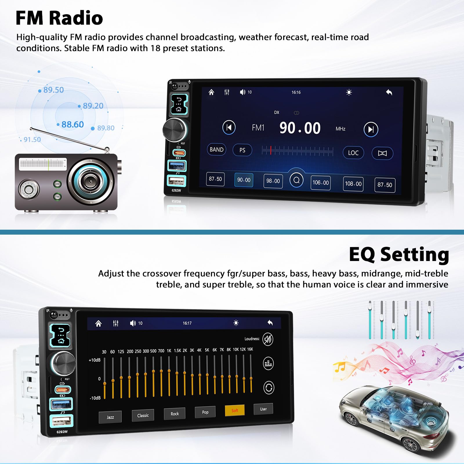 Autoradio 1 Din Con Wireless CarPlay E Android Auto – Schermo 6.28 Pollici, Bluetooth, Mirror Link, FM, USB-C, Telecamera Retrovisore Inclusa