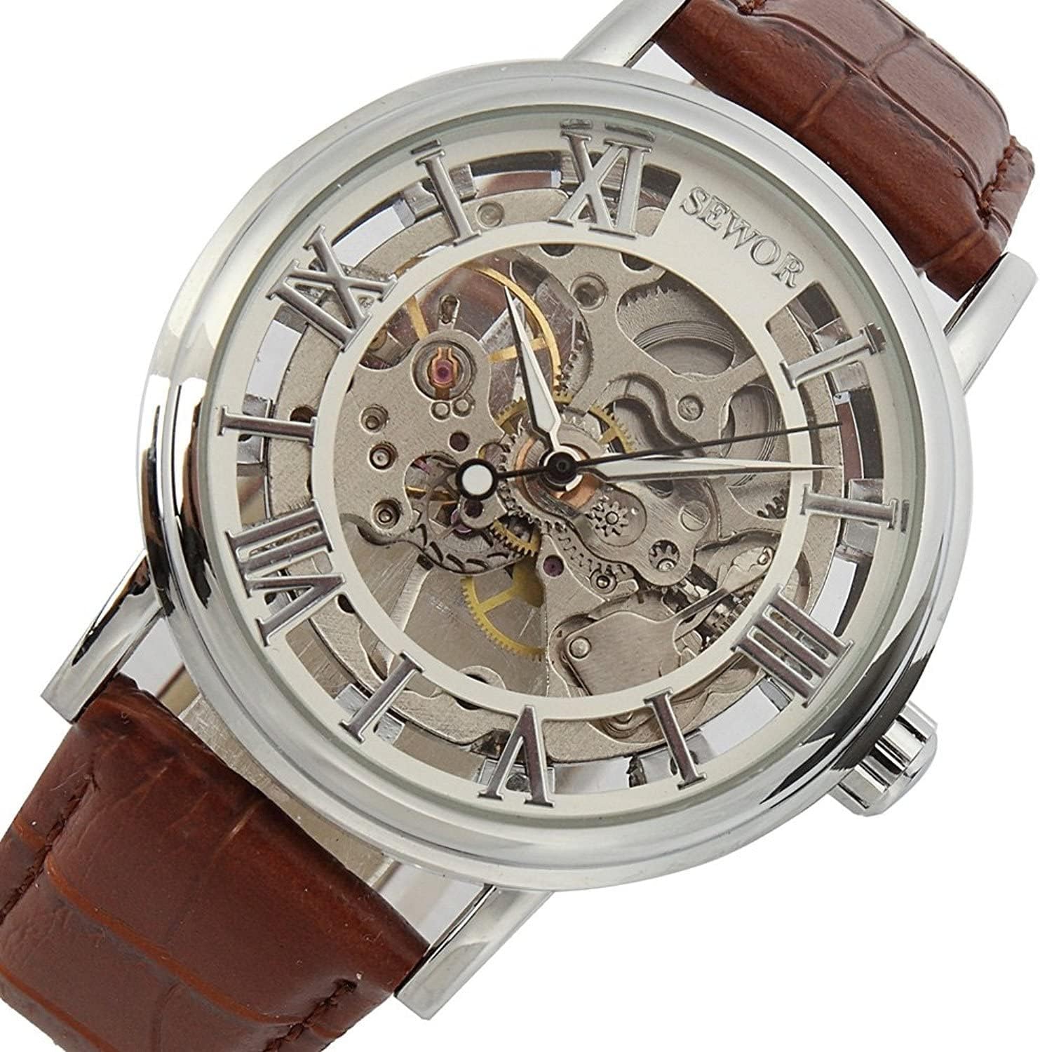 SEWOR Men's Mechanical Skeleton Transparent Vintage Style Leather Wrist Watch - Image 3