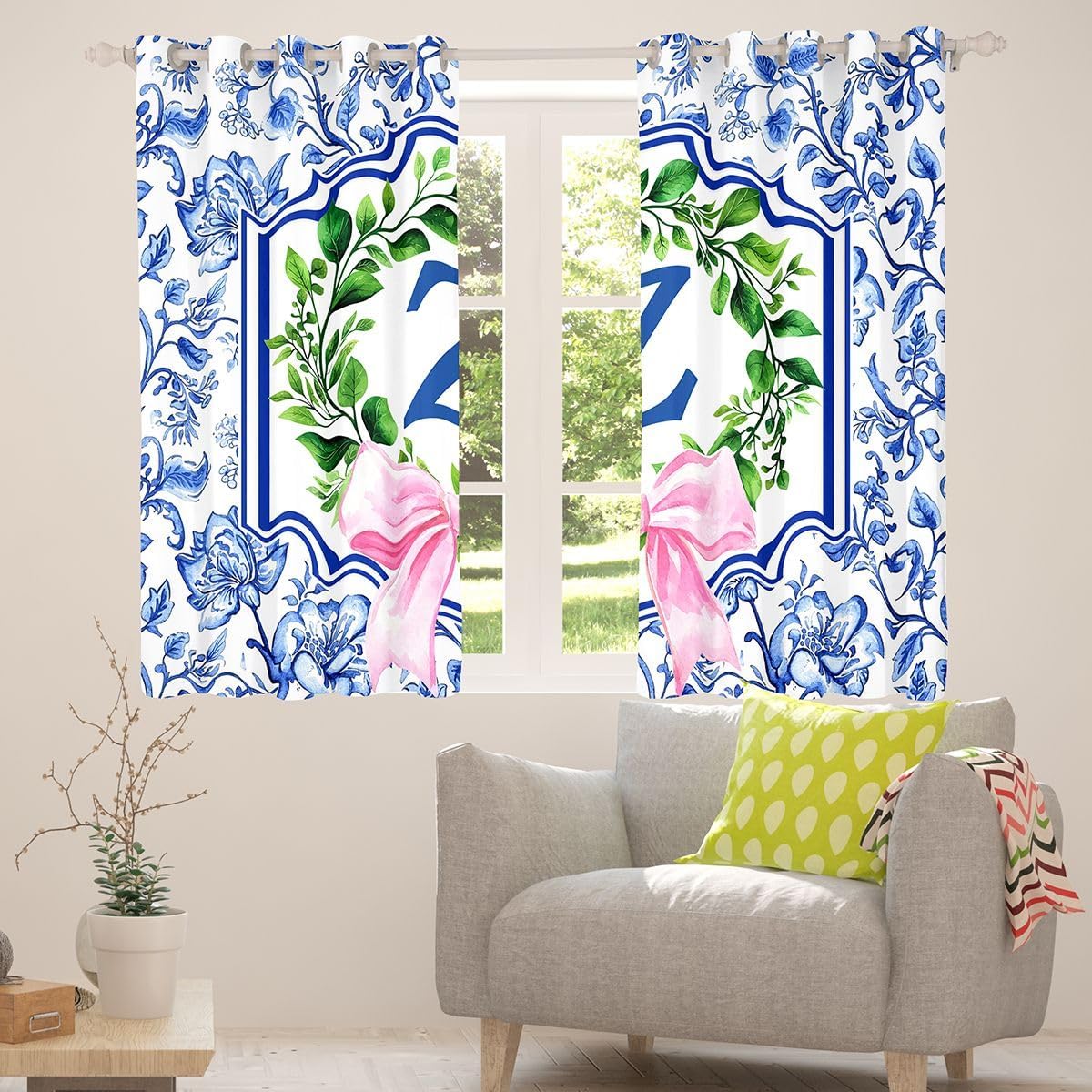 Castle Fairy Blue Letter Z Blackout Curtains Pink Bow Monogram Alphabet Window Drapes,Blue Floral Leaves Window Treatments,Kids Boys Girls Room Decor,Grommet Top 2 Panel Set Curtains, 38Wx45L inch