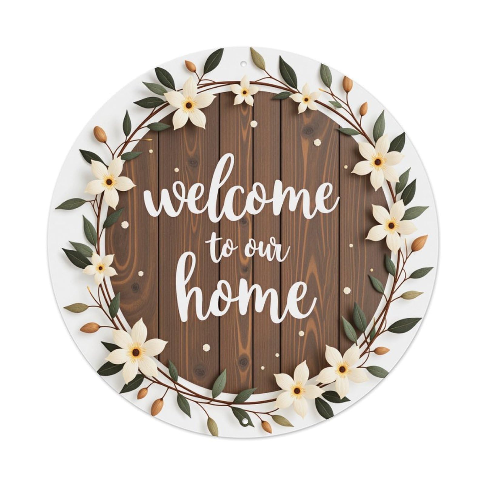 Background Floral Wreath Welcome Sign Round Tin Sign Vintage Metal Poster, Home Bar Garage Man Cave Cafe Indoor & Outdoor Wall Decoration 8x8Inches