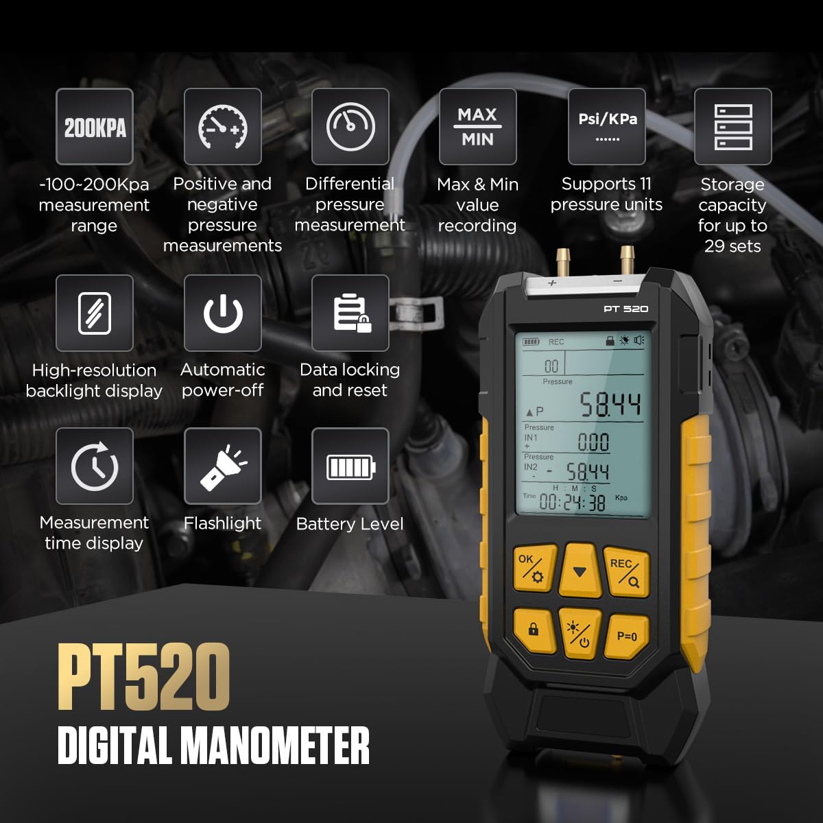 Manómetro digital PT520 Manómetros diferenciales de doble entrada Manómetro HVAC portátil con varios adaptadores, 11 mediciones, 29 capacidad de almacenamiento -100~200Kpa Pantalla LCD