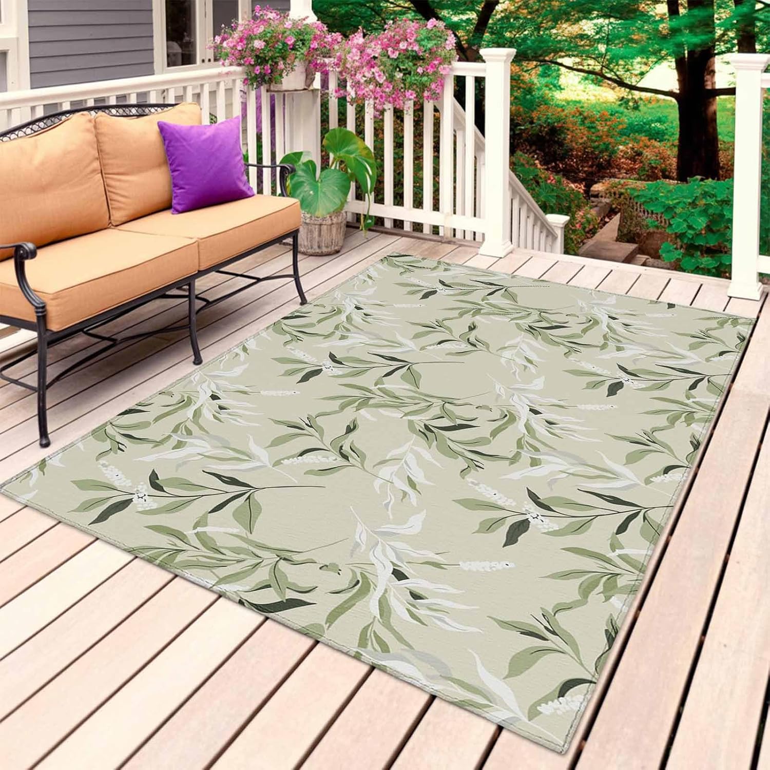 Outdoor Rug 6x9 Spring Plant Area Rug for Patio Rugs Waterproof Outdoor Carpet Green White Leaves Doormats for Patio Porch Balcony Backyard Entryway Camping Rugs