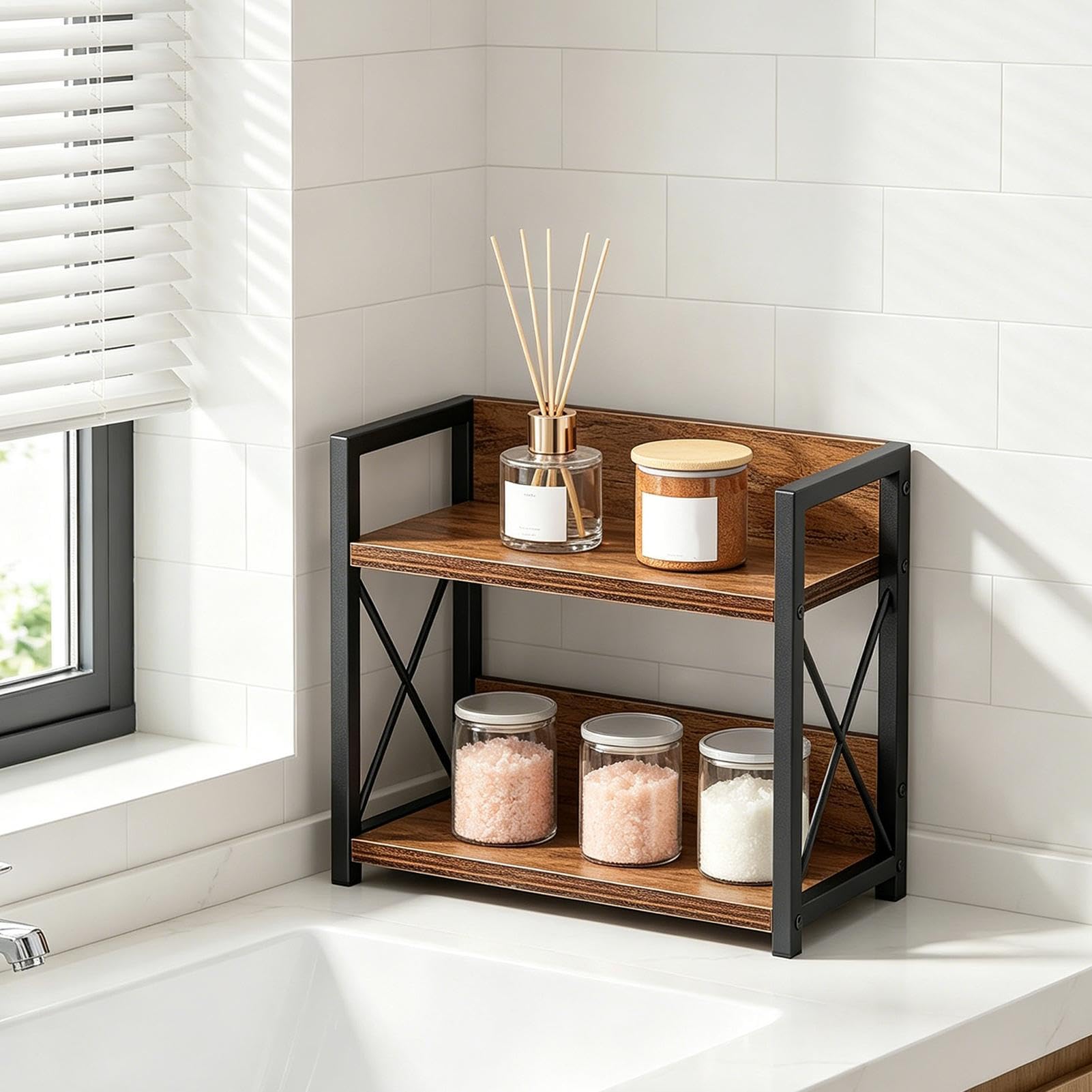 Gewürzregal 2 Etagen, Eisen, Holz, platzsparend, Vintage | Soßen-Organizer Küchen-Gewürzregal Geeignet Für Arbeitsplatte, Schrank, Bauernhaus, Zuhause, Wohnzimmer,