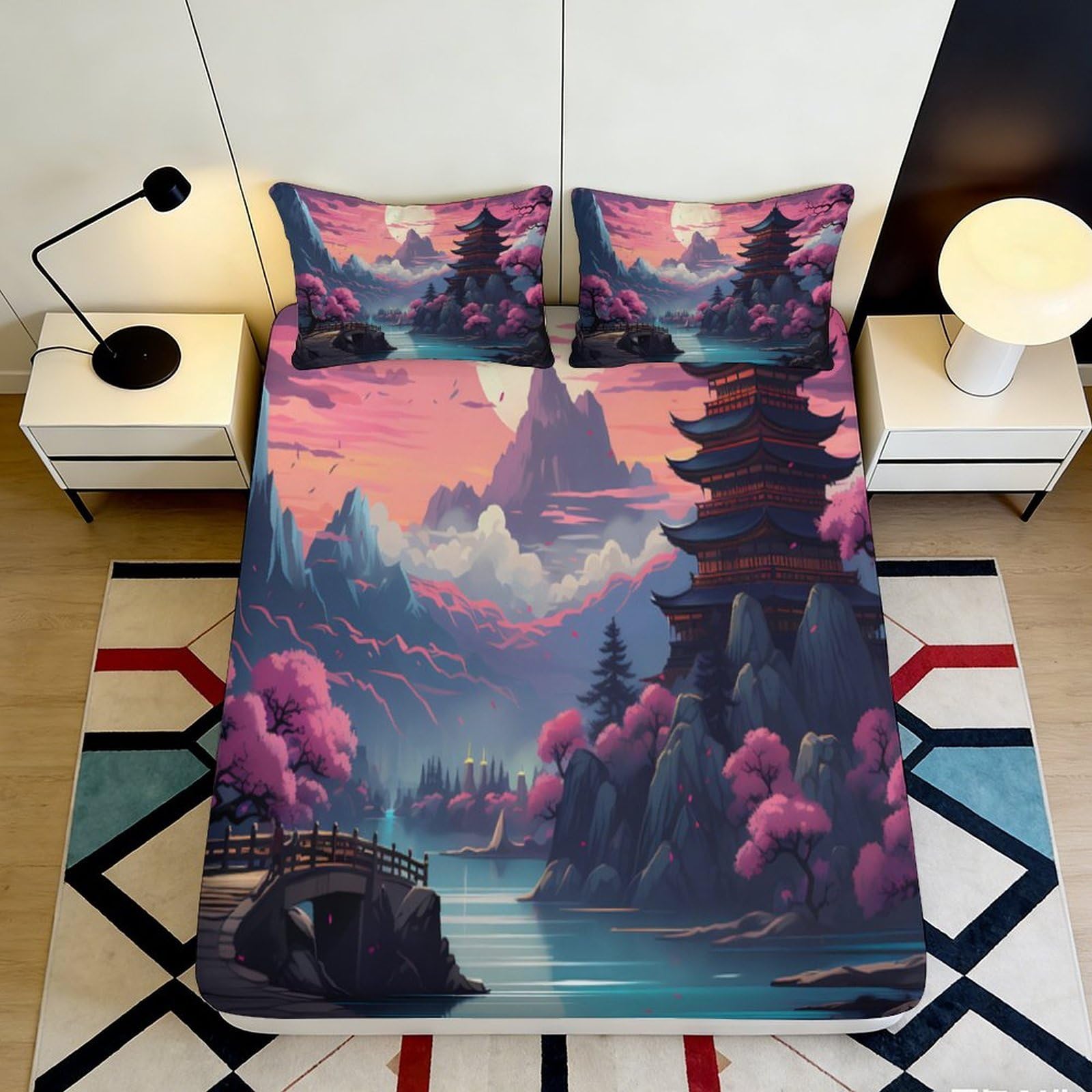 3D Printed Sakura Mountain Fitted Sheet Microfiber Soft Pagoda Landscape Mattress Cover for Bedroom Dorm Decor 90x200x25cm