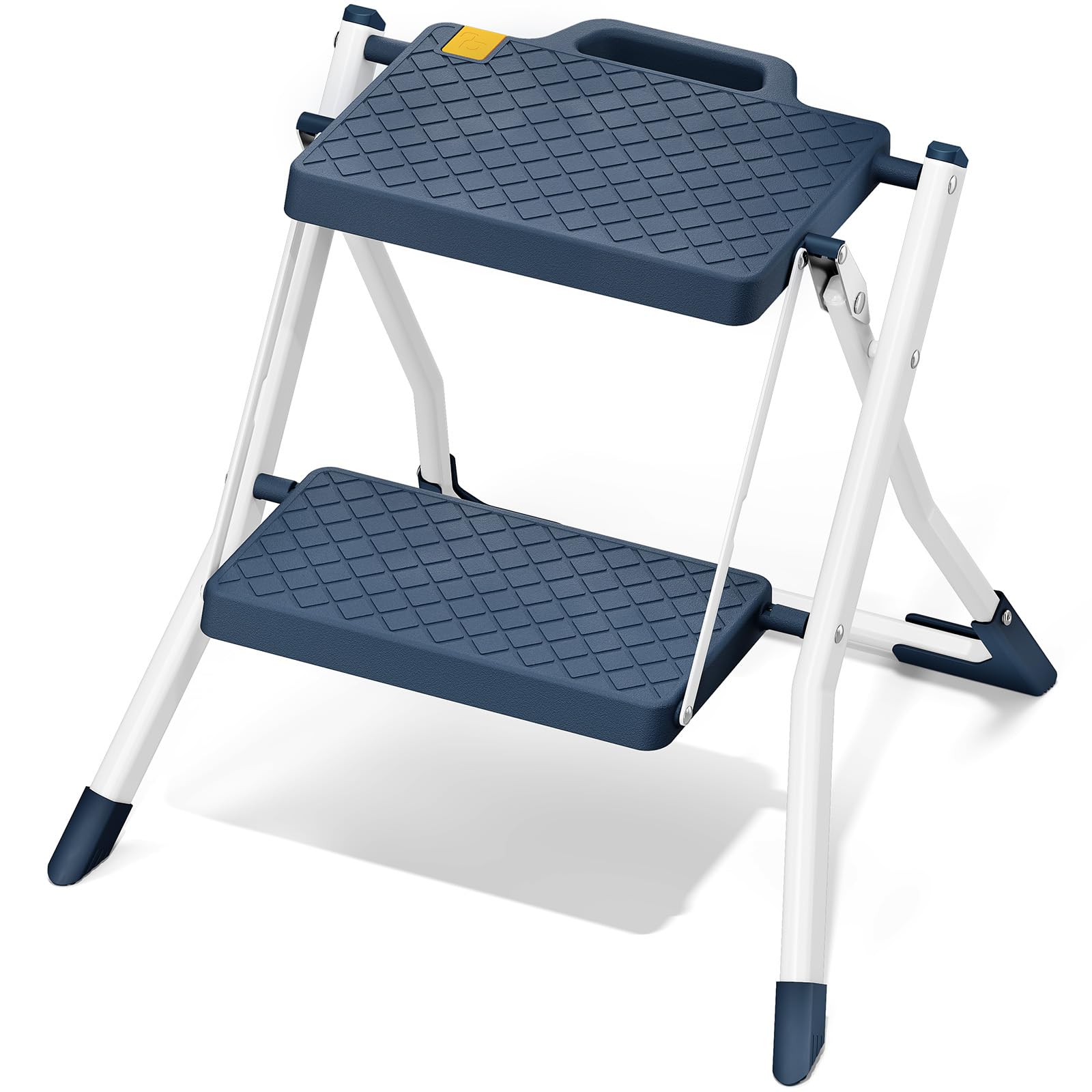 Urackify Scaletta 2 Gradini, Scalino Pieghevole con Pulsante di Sblocco | Sgabello con Pedana Antiscivolo, Leggero in Acciaio per Casa, Cucina, Camper, Roulotte, Portata fino a 150 kg, Blu