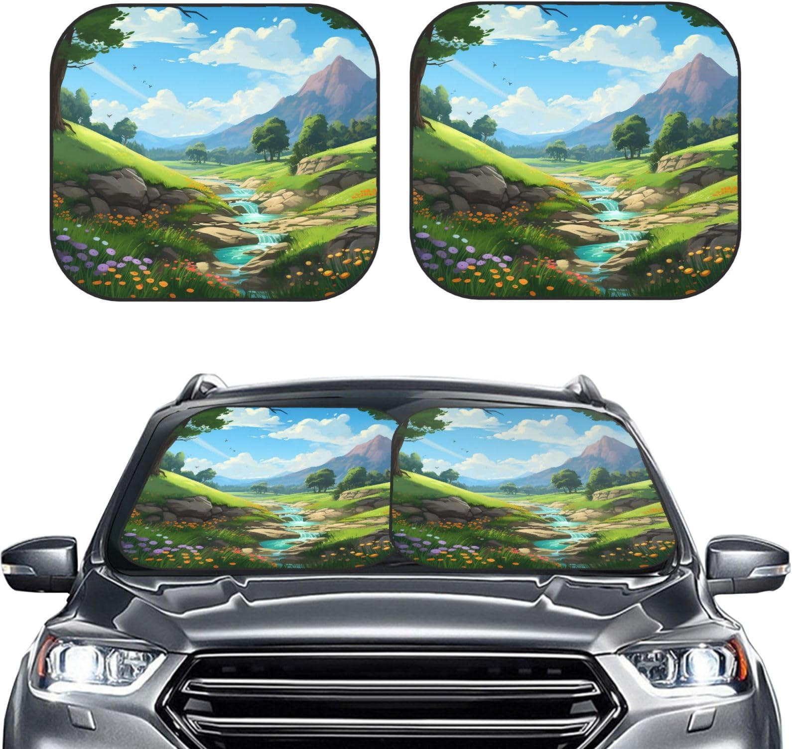 Windshield Sun Shade Car Front Windshield Sunshade 2 Piece Car Windshield Cover Cartoon Landscape Sun Shades Window Sunshade Protector for Most Sedans SUV Trucks