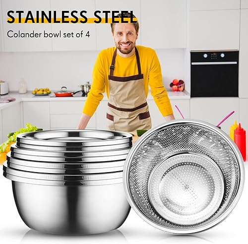 Miniatura 5 de Uiifan Juego de 8 cuencos de acero inoxidable con colador de acero inoxidable para lavar arroz, cuencos anidables para lavar y drenar y almacenar