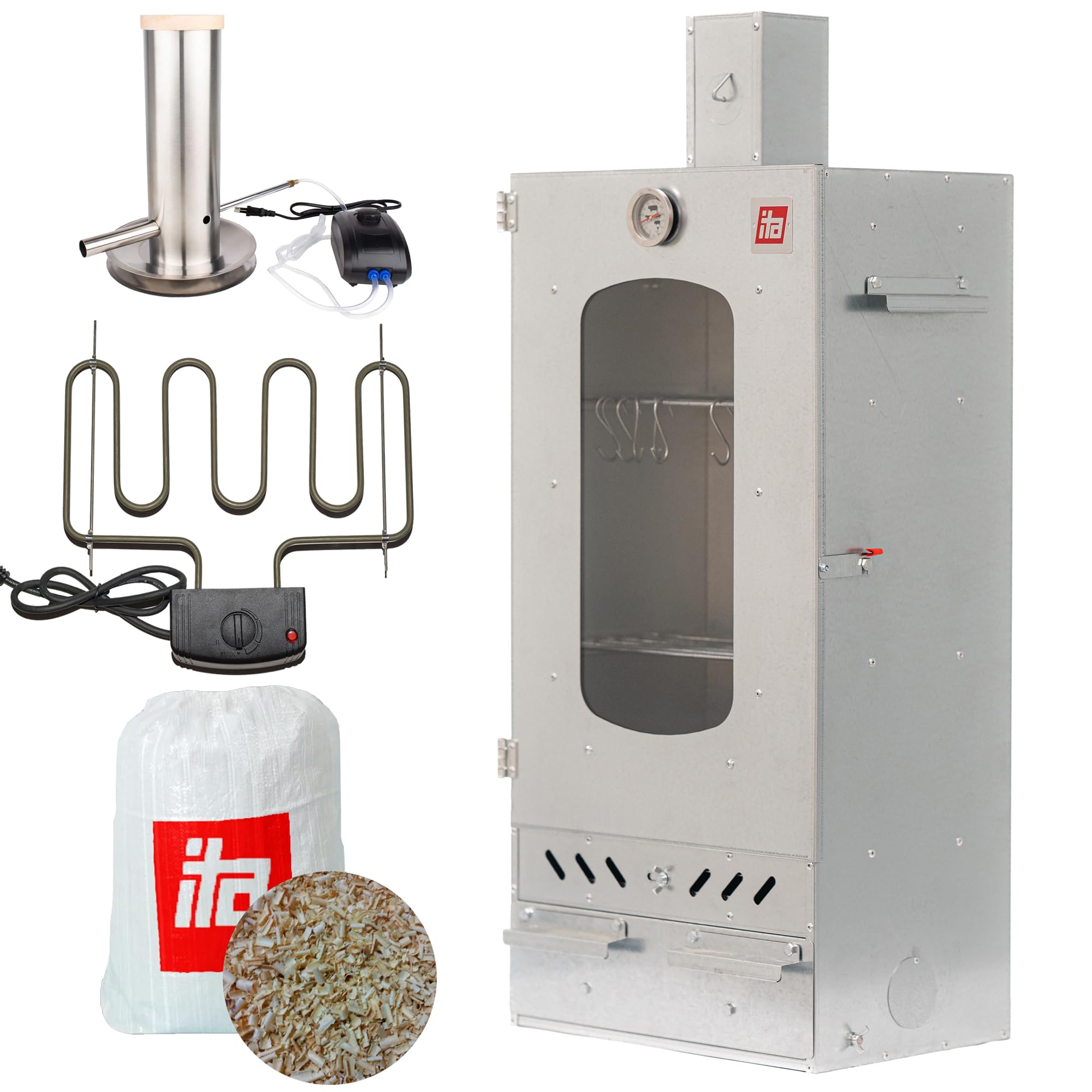 ITA Ahumador Eléctrico 7012 - Set de Smoker con Calefacción, Generador de Humo - Armario con Ventana y Chimenea - Acero Aleado - Calidad UE, Directo del Fabricante - 81 cm con 3 Estantes